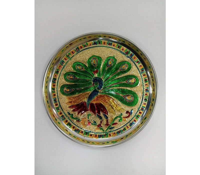 Stainless Steel Pooja Plate | Decorative Plate/ Meenakari Design Pooja Thali for Home/ Assorted Design