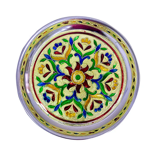 Stainless Steel Pooja Plate | Decorative Plate/ Meenakari Design Pooja Thali for Home/ Assorted Design