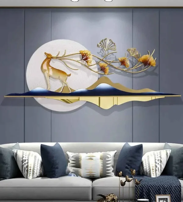 Luxury Modern Metal 3D Wall Art – Golden Deer Flower Design (WA 41)