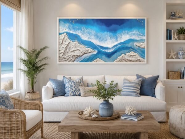 Coastal Blue Abstract Leather Print Porcelain Wall Painting