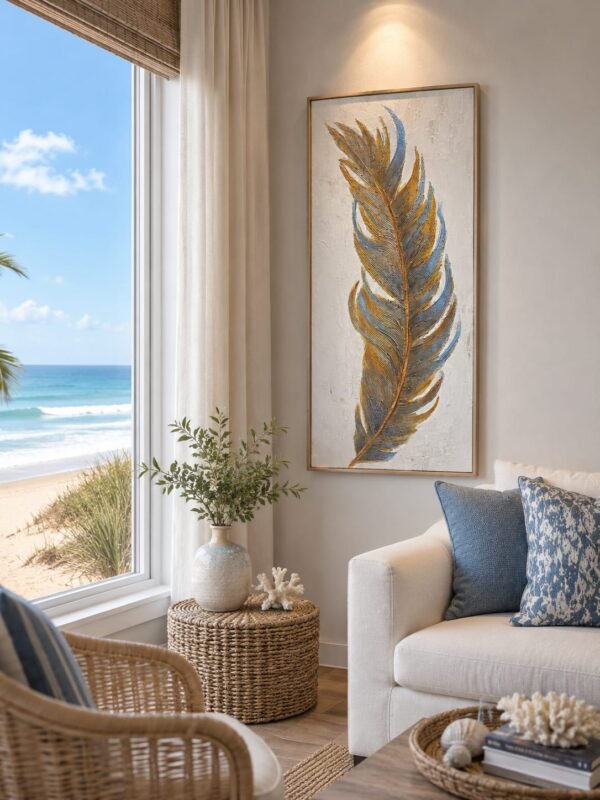 Gold & Blue Feather Leather Print Porcelain Wall Painting