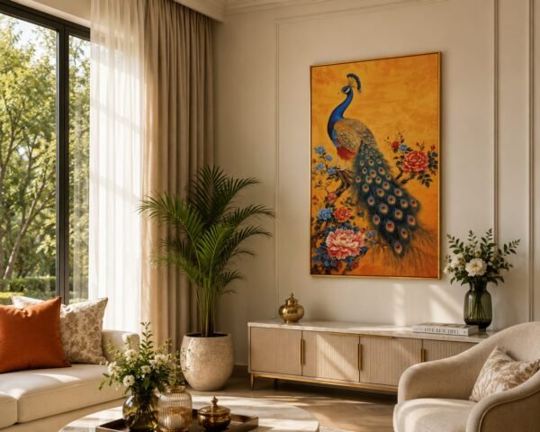 Royal Peacock Floral Leather Print Porcelain Wall Painting