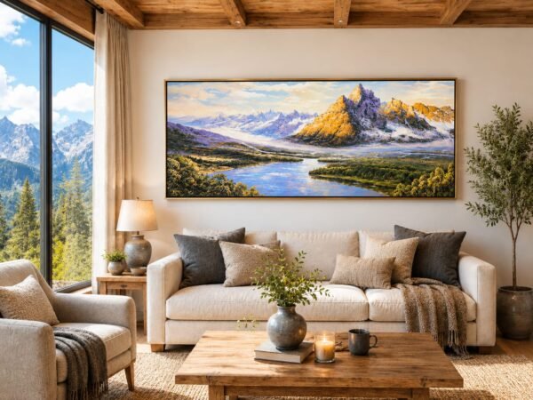 Alpine Mountain Lake Leather Print Porcelain Wall Painting