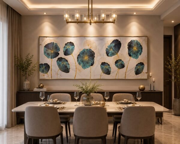 Blue Gold Lotus Leather Print Porcelain Wall Painting