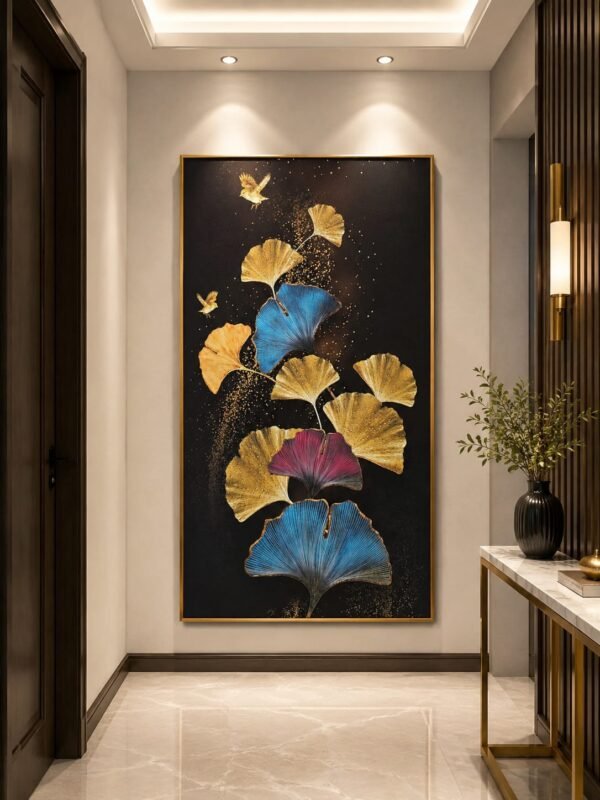 Black Gold Ginkgo Leaf Leather Print Porcelain Wall Painting