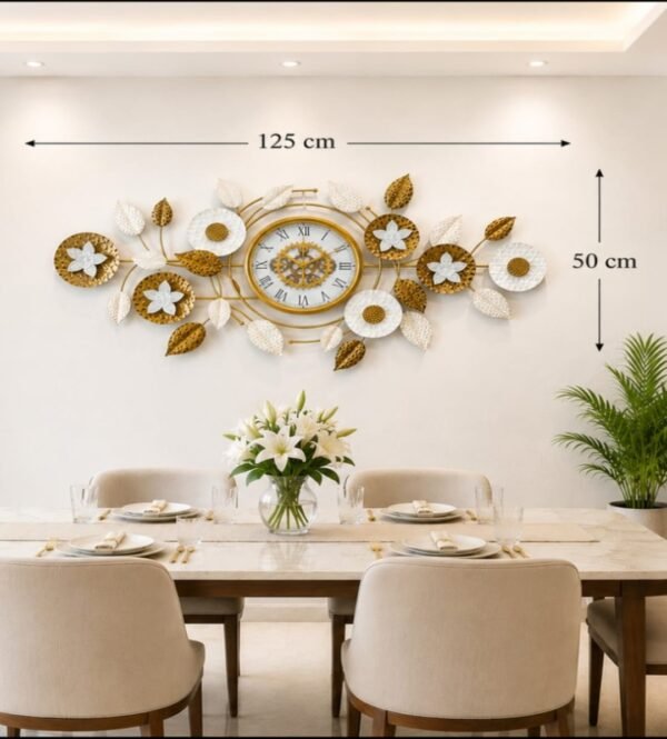 Large Decorative Metal Wall Clock with White Flowers & Gold Leaves