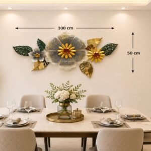 Ridhi Sidhi Luxury Multi-Toned Blossom Metal Wall Art (100 cm x 50 cm) – Handcrafted Grey, Gold & Emerald Floral Wall Decor for Living Room