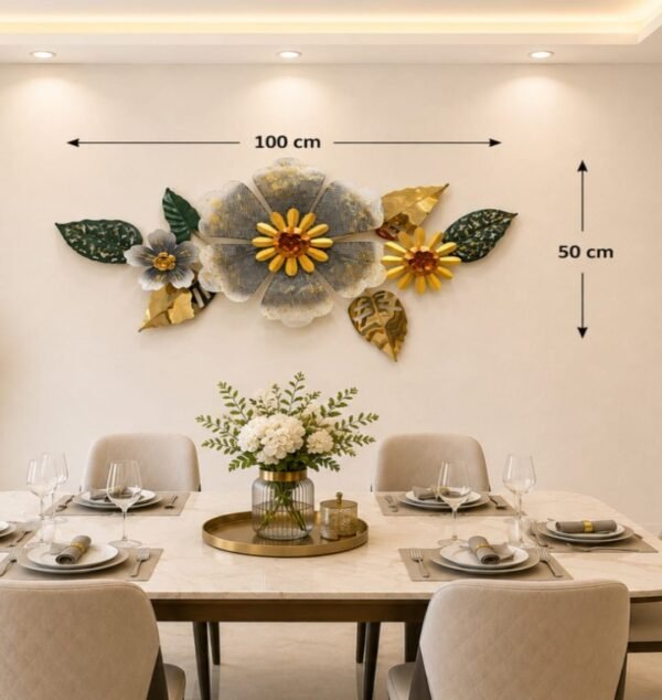 Ridhi Sidhi Luxury Multi-Toned Blossom Metal Wall Art (100 cm x 50 cm) – Handcrafted Grey, Gold & Emerald Floral Wall Decor for Living Room