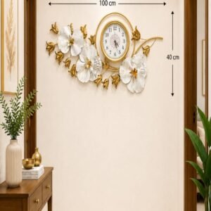 Ridhi Sidhi Luxury Blossom Branch Metal Wall Art Clock – Handcrafted Gold & Textured White Floral Timepiece for Entryways