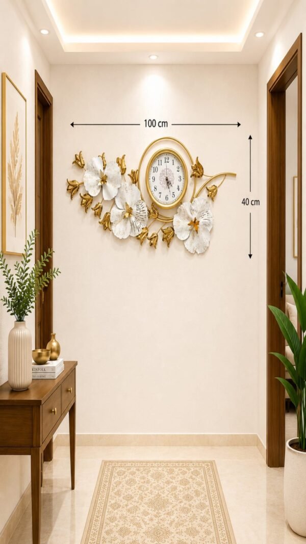 Ridhi Sidhi Luxury Blossom Branch Metal Wall Art Clock – Handcrafted Gold & Textured White Floral Timepiece for Entryways