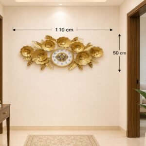 Ridhi Sidhi Royal Golden Floral Canopy Metal Wall Art Clock (110 cm x 50 cm) – Premium Handcrafted 3D Steampunk Skeleton Timepiece for Luxury Home Decor