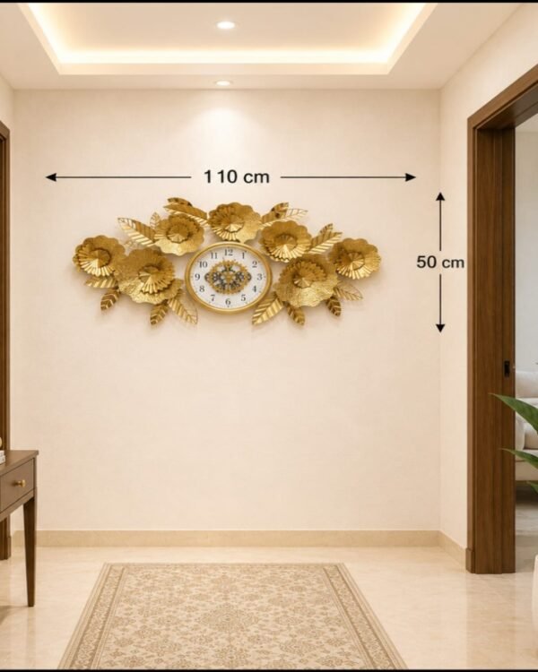 Ridhi Sidhi Royal Golden Floral Canopy Metal Wall Art Clock (110 cm x 50 cm) – Premium Handcrafted 3D Steampunk Skeleton Timepiece for Luxury Home Decor