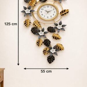 Ridhi Sidhi Luxury Vertical Cascading Floral Metal Wall Art Clock (125 cm x 55 cm) – Handcrafted Gold, Black & Silver Designer Timepiece