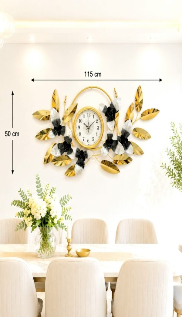 Ridhi Sidhi Luxury Monochrome Blossom & Gold Metal Wall Art Clock – Premium Handcrafted 3D Dining Room Designer Timepiece