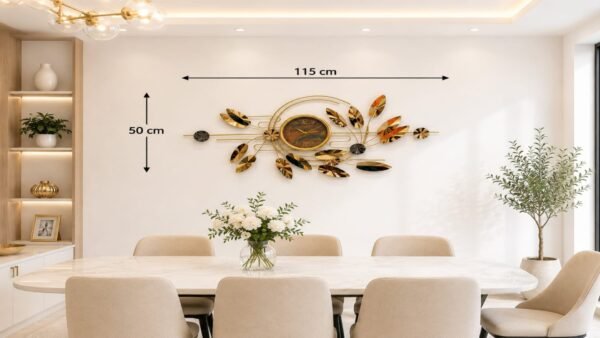 Ridhi Sidhi Luxury Abstract Geometric Metal Wall Art Clock (115 cm x 50 cm) – Premium Handcrafted Marbled Dial & Gold Leaf Timepiece