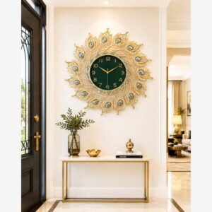 Ridhi Sidhi Royal Peacock Feather Luxury Metal Wall Clock – Premium Emerald Green Dial & Mother-of-Pearl Accented Statement Timepiece