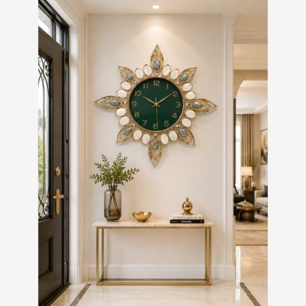 Ridhi Sidhi Imperial Starburst Luxury Metal Wall Clock – Emerald Green Dial with Genuine Mother-of-Pearl & Mosaic Stone Inlays