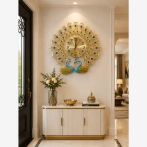 Ridhi Sidhi Dual Mayura Royal Peacock Metal Wall Clock – Handcrafted Luxury Golden Sunburst Timepiece with Jeweled Feather Accents