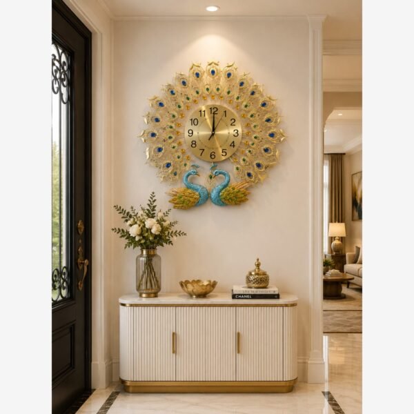 Ridhi Sidhi Dual Mayura Royal Peacock Metal Wall Clock – Handcrafted Luxury Golden Sunburst Timepiece with Jeweled Feather Accents