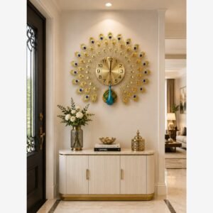 Ridhi Sidhi Majestic Mayura Single Peacock Luxury Metal Wall Clock – Handcrafted Gold Sunburst Timepiece with Faceted Sapphire Blue Jewels